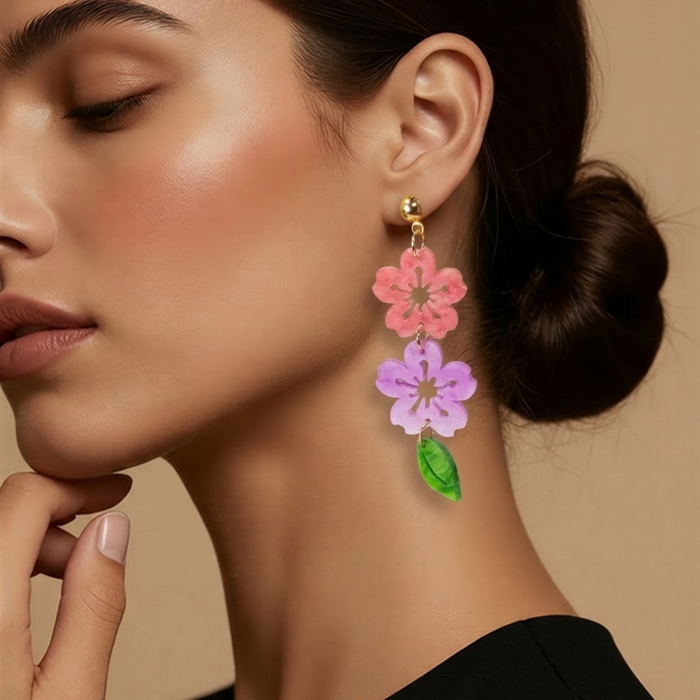 Cherry Blossom Acrylic Dangle Earrings Pink Purple Floral Drop Studs Spring Chic
